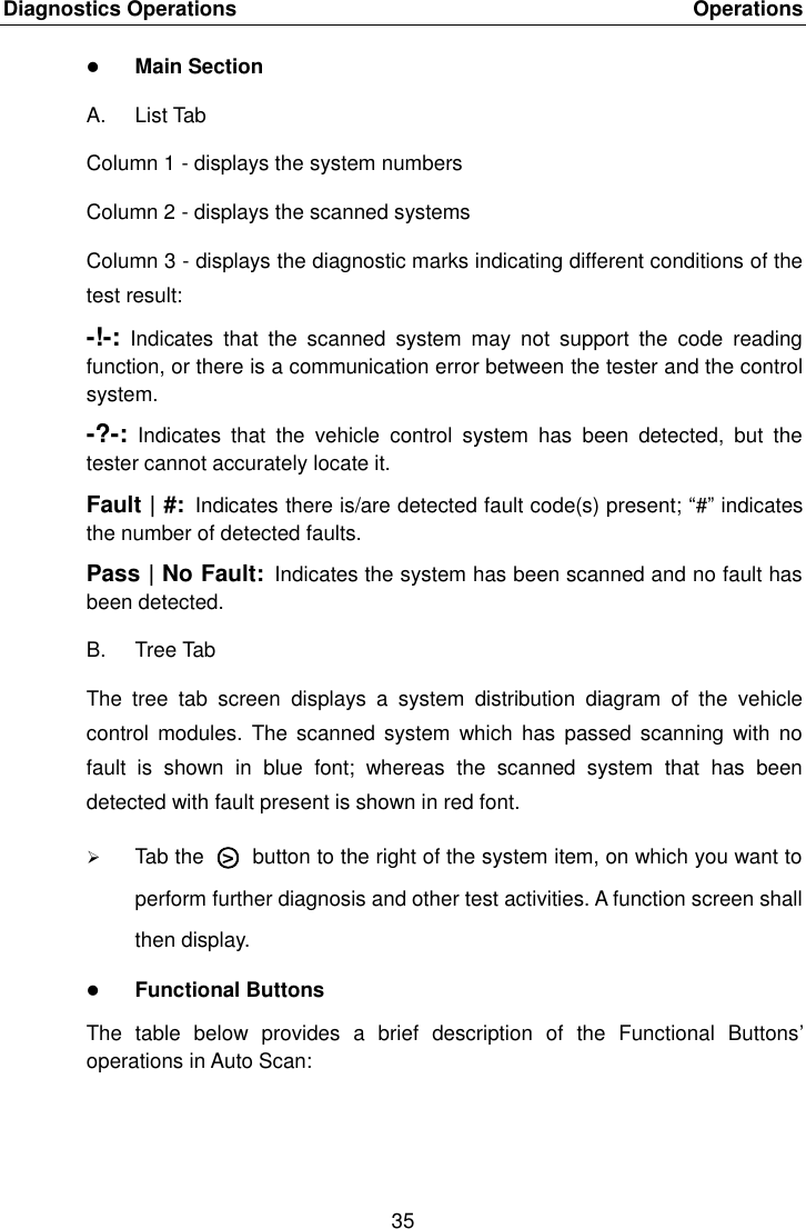 Diagnostics Operations    Operations 35   Main Section A.  List Tab Column 1 - displays the system numbers Column 2 - displays the scanned systems Column 3 - displays the diagnostic marks indicating different conditions of the test result: -!-: Indicates  that  the  scanned  system  may  not  support  the  code  reading function, or there is a communication error between the tester and the control system. -?-: Indicates  that  the  vehicle  control  system  has  been  detected,  but  the tester cannot accurately locate it. Fault | #: Indicates there is/are detected fault code(s) present; “#” indicates the number of detected faults. Pass | No Fault: Indicates the system has been scanned and no fault has been detected. B.  Tree Tab The  tree  tab  screen  displays  a  system  distribution  diagram  of  the  vehicle control  modules. The  scanned system  which  has passed  scanning with  no fault  is  shown  in  blue  font;  whereas  the  scanned  system  that  has  been detected with fault present is shown in red font.  Tab the  ○&gt;   button to the right of the system item, on which you want to perform further diagnosis and other test activities. A function screen shall then display.  Functional Buttons The  table  below  provides  a  brief  description  of  the  Functional  Buttons’ operations in Auto Scan:   