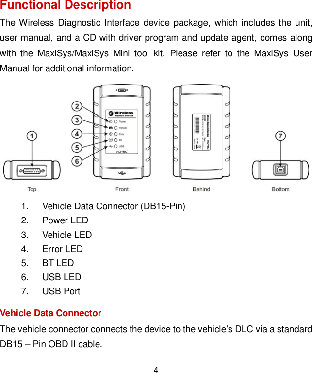 4 Functional Description The Wireless  Diagnostic  Interface  device  package, which includes the unit, user manual, and a CD with driver program and update agent, comes along with  the  MaxiSys/MaxiSys  Mini  tool  kit.  Please  refer  to  the  MaxiSys  User Manual for additional information.  1.  Vehicle Data Connector (DB15-Pin) 2.  Power LED 3.  Vehicle LED 4.  Error LED 5. BT LED 6.  USB LED 7.  USB Port Vehicle Data Connector The vehicle connector connects the device to the vehicle’s DLC via a standard DB15 – Pin OBD II cable. 