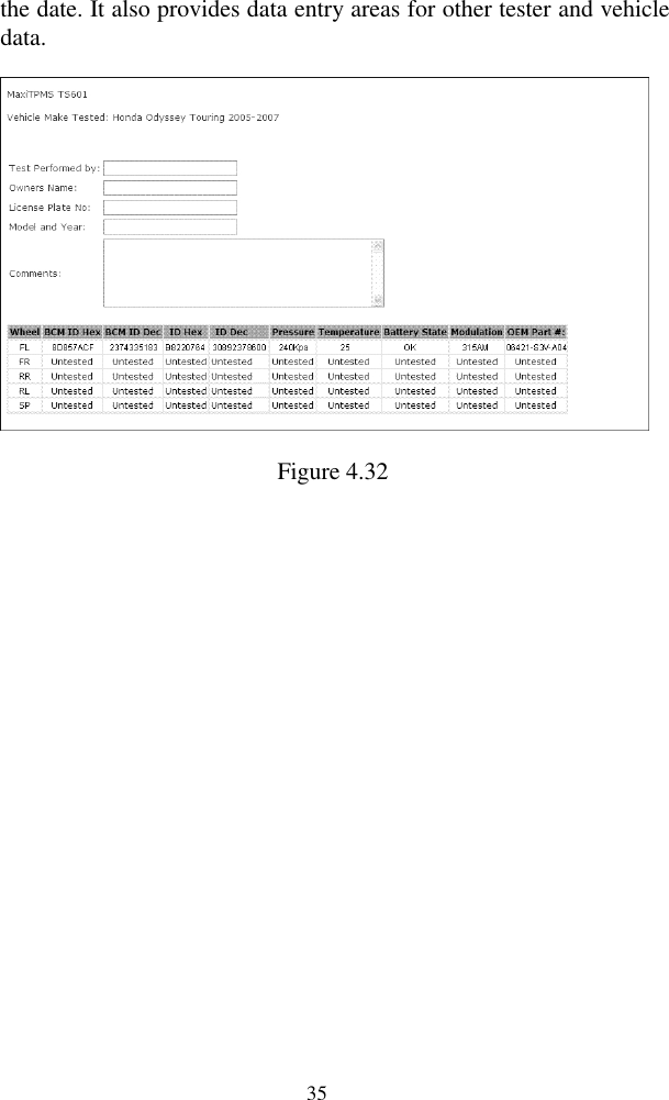  35 the date. It also provides data entry areas for other tester and vehicle data.    Figure 4.32           