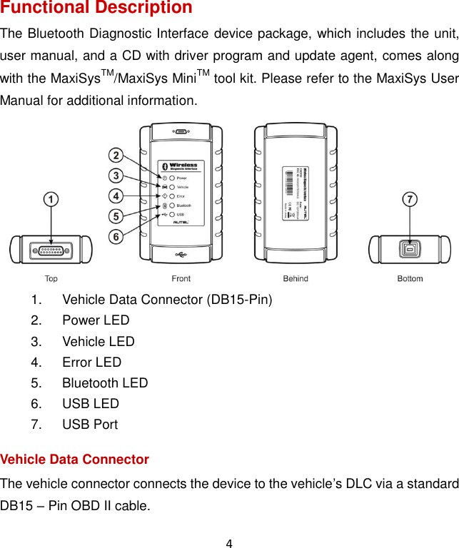 4 Functional Description The Bluetooth Diagnostic Interface device package, which includes the unit, user manual, and a CD with driver program and update agent, comes along with the MaxiSysTM/MaxiSys MiniTM tool kit. Please refer to the MaxiSys User Manual for additional information.  1.  Vehicle Data Connector (DB15-Pin) 2.  Power LED 3.  Vehicle LED 4.  Error LED 5.  Bluetooth LED 6.  USB LED 7.  USB Port Vehicle Data Connector The vehicle connector connects the device to the vehicle’s DLC via a standard DB15 – Pin OBD II cable.