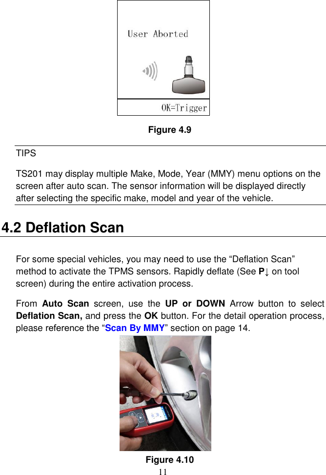 11   Figure 4.9 TIPS TS201 may display multiple Make, Mode, Year (MMY) menu options on the screen after auto scan. The sensor information will be displayed directly after selecting the specific make, model and year of the vehicle. 4.2 Deflation Scan For some special vehicles, you may need to use the “Deflation Scan” method to activate the TPMS sensors. Rapidly deflate (See P↓ on tool screen) during the entire activation process.   From  Auto  Scan  screen,  use  the  UP  or  DOWN  Arrow  button  to  select Deflation Scan, and press the OK button. For the detail operation process, please reference the “Scan By MMY” section on page 14. Figure 4.10 