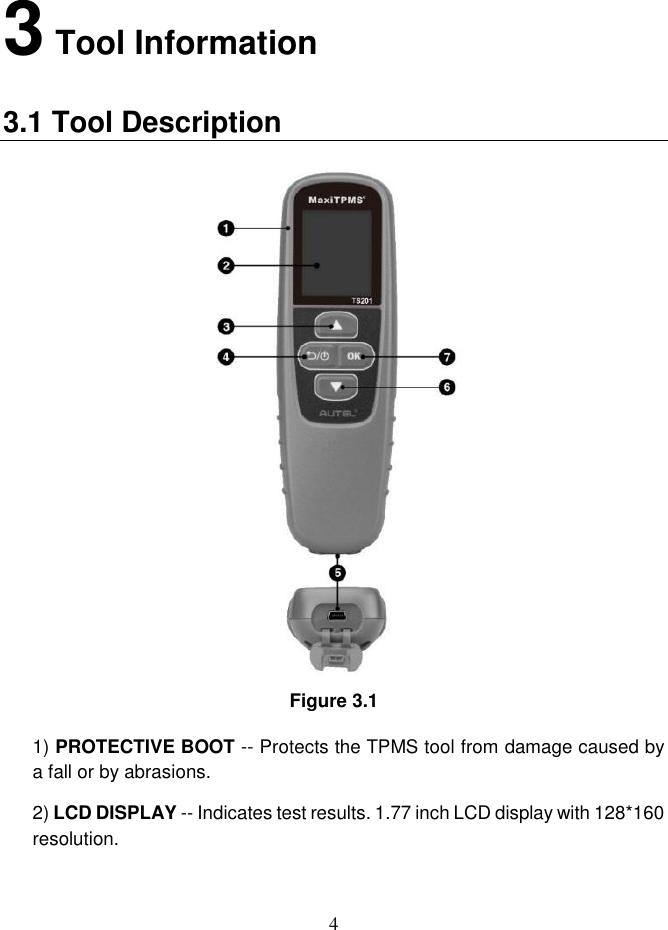 4  3 Tool Information 3.1 Tool Description Figure 3.1 1) PROTECTIVE BOOT -- Protects the TPMS tool from damage caused by a fall or by abrasions. 2) LCD DISPLAY -- Indicates test results. 1.77 inch LCD display with 128*160 resolution. 