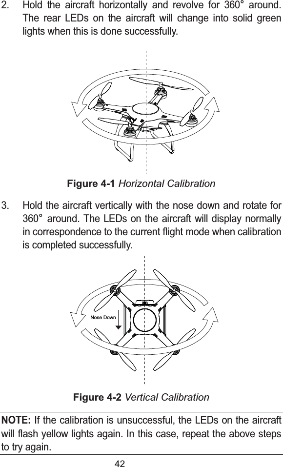 422. Hold the aircraft horizontally and revolve for 360qaround. The rear LEDs on the aircraft will change into solid green lights when this is done successfully.Figure 4-1 Horizontal Calibration3. Hold the aircraft vertically with the nose down and rotate for 360qaround. The LEDs on the aircraft will display normally in correspondence to the current flight mode when calibration is completed successfully.Figure 4-2 Vertical CalibrationNOTE: If the calibration is unsuccessful, the LEDs on the aircraft will flash yellow lights again. In this case, repeat the above steps to try again.Nose Down