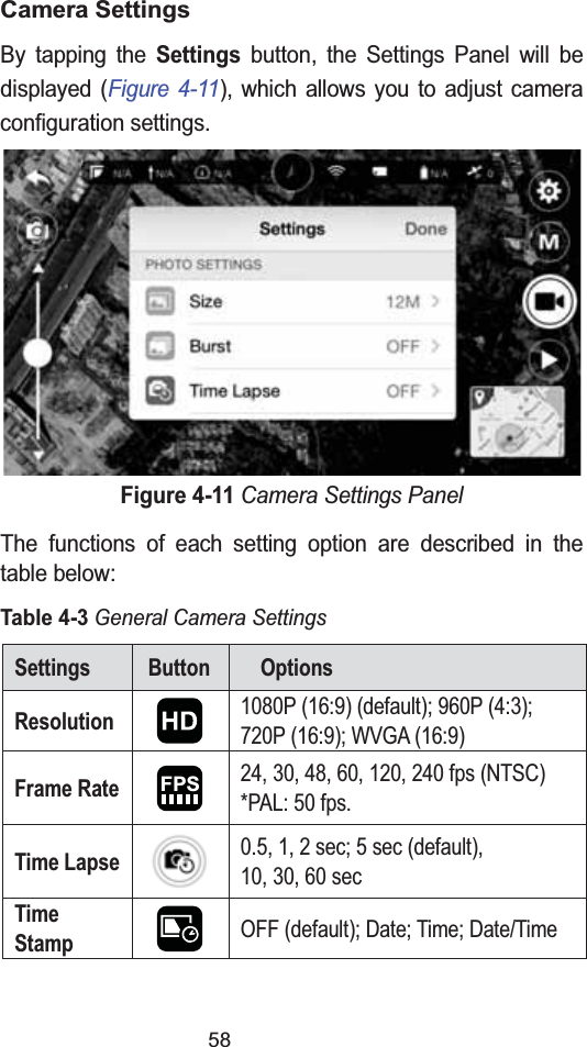 58Camera SettingsBy tapping the Settingsbutton, the Settings Panel will be displayed (Figure 4-11), which allows you to adjust camera configuration settings.Figure 4-11Camera Settings PanelThe functions of each setting option are described in the table below:Table 4-3General Camera SettingsSettings Button OptionsResolution1080P (16:9) (default); 960P (4:3);720P (16:9); WVGA (16:9)Frame Rate24, 30, 48, 60, 120, 240 fps (NTSC)*PAL: 50 fps.Time Lapse0.5, 1, 2 sec; 5 sec (default),10, 30, 60 secTime StampOFF (default); Date; Time; Date/TimeFPS