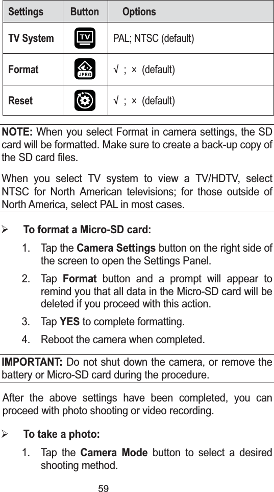 59Settings Button OptionsTV SystemPAL; NTSC (default)Format ɰ; (default)Reset ɰ; (default)NOTE: When you select Format in camera settings, the SD card will be formatted. Make sure to create a back-up copy of the SD card files.When you select TV system to view a TV/HDTV, select NTSC for North American televisions; for those outside of North America, select PAL in most cases.¾To format a Micro-SD card:1. Tap the Camera Settingsbutton on the right side of the screen to open the Settings Panel.2. TapFormatbutton and a prompt will appear to remind you that all data in the Micro-SD card will be deleted if you proceed with this action.3. TapYESto complete formatting.4. Reboot the camera when completed.IMPORTANT: Do not shut down the camera, or remove the battery or Micro-SD card during the procedure.After the above settings have been completed, you can proceed with photo shooting or video recording. ¾To take a photo:1. Tap the Camera Modebutton to select a desired shooting method. 
