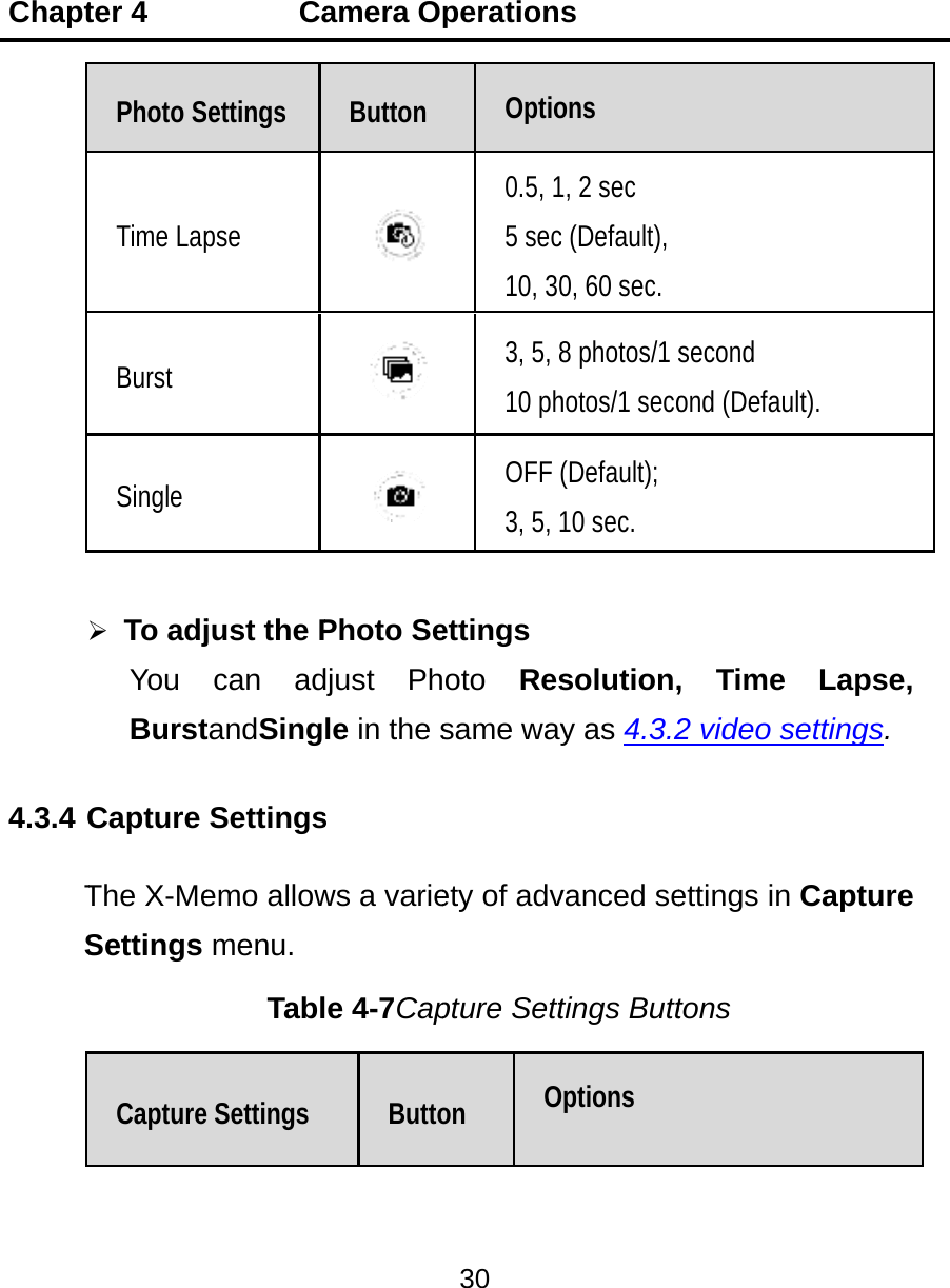 Chapt  4.3.4 CTSter 4    Photo STime LapBurst Single To adjYou BurstCapture The X-MeSettings Capture      Caettings pse just the Pcan adtandSingSettingsemo allowmenu. Table Settings amera OButton   Photo Sedjust Phle in the ss ws a variee 4-7CapButtoperation30 Optio0.5, 15 sec10, 303, 5, 810 phOFF 3, 5, ettingsoto  Ressame wayety of advpture Setton Os ons 1, 2 sec c (Default),0, 60 sec.8 photos/1 shotos/1 seco(Default);10 sec. solution,y as 4.3.2vanced setings ButtOptions second ond (Defaul, Time 2 video settings in tons lt). Lapse, ettings.Capture 