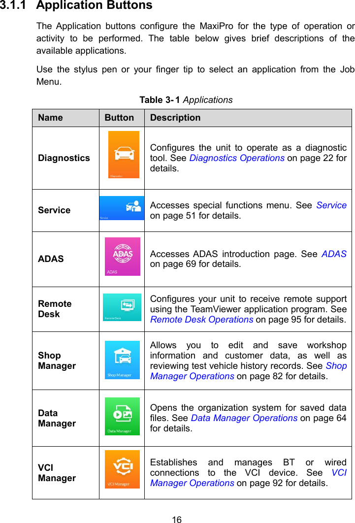 163.1.1 Application ButtonsThe Application buttons configure the MaxiPro for the type of operation oractivity to be performed. The table below gives brief descriptions of theavailable applications.Use the stylus pen or your finger tip to select an application from the JobMenu.Table 3- 1 ApplicationsNameButtonDescriptionDiagnosticsConfigures the unit to operate as a diagnostictool. See Diagnostics Operations on page 22 fordetails.ServiceAccesses special functions menu. See Serviceon page 51 for details.ADASAccesses ADAS introduction page. See ADASon page 69 for details.RemoteDeskConfigures your unit to receive remote supportusing the TeamViewer application program. SeeRemote Desk Operations on page 95 for details.ShopManagerAllows you to edit and save workshopinformation and customer data, as well asreviewing test vehicle history records. See ShopManager Operations on page 82 for details.DataManagerOpens the organization system for saved datafiles. See Data Manager Operations on page 64for details.VCIManagerEstablishes and manages BT or wiredconnections to the VCI device. See VCIManager Operations on page 92 for details.