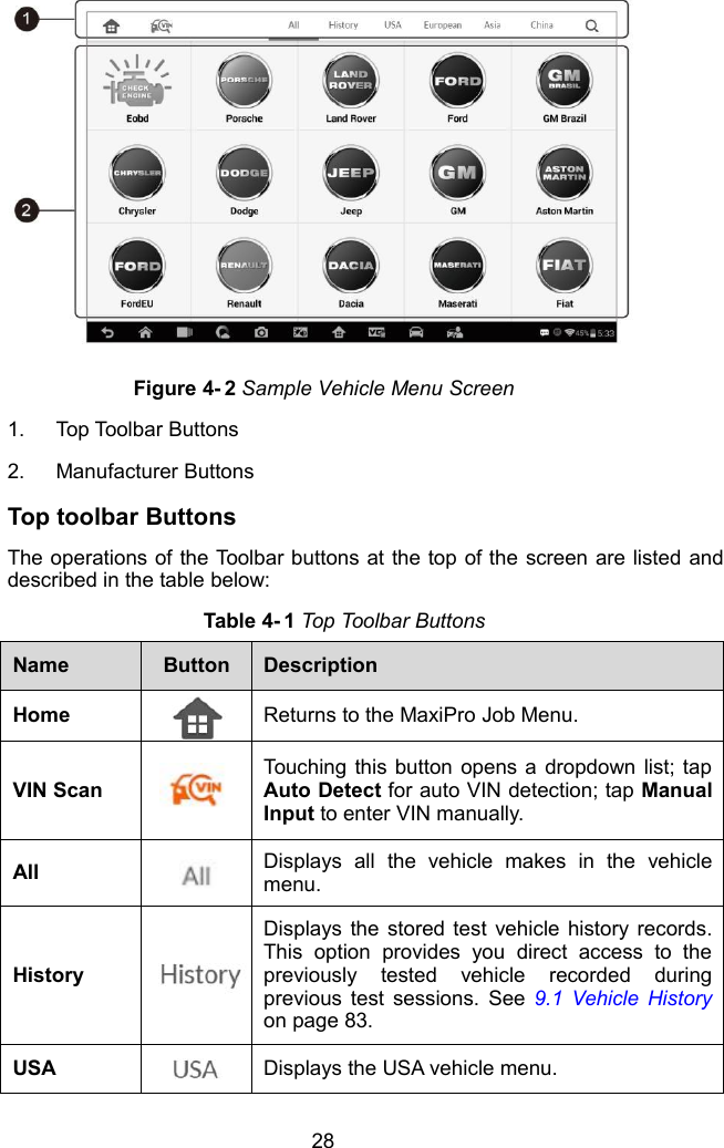 28Figure 4- 2 Sample Vehicle Menu Screen1. Top Toolbar Buttons2. Manufacturer ButtonsTop toolbar ButtonsThe operations of the Toolbar buttons at the top of the screen are listed anddescribed in the table below:Table 4- 1 Top Toolbar ButtonsNameButtonDescriptionHomeReturns to the MaxiPro Job Menu.VIN ScanTouching this button opens a dropdown list; tapAuto Detect for auto VIN detection; tap ManualInput to enter VIN manually.AllDisplays all the vehicle makes in the vehiclemenu.HistoryDisplays the stored test vehicle history records.This option provides you direct access to thepreviously tested vehicle recorded duringprevious test sessions. See 9.1 Vehicle Historyon page 83.USADisplays the USA vehicle menu.