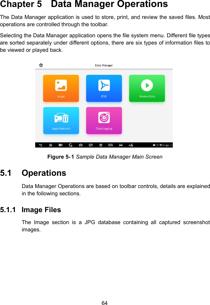 64Chapter 5 Data Manager OperationsThe Data Manager application is used to store, print, and review the saved files. Mostoperations are controlled through the toolbar.Selecting the Data Manager application opens the file system menu. Different file typesare sorted separately under different options, there are six types of information files tobe viewed or played back.Figure 5- 1 Sample Data Manager Main Screen5.1 OperationsData Manager Operations are based on toolbar controls, details are explainedin the following sections.5.1.1 Image FilesThe Image section is a JPG database containing all captured screenshotimages.