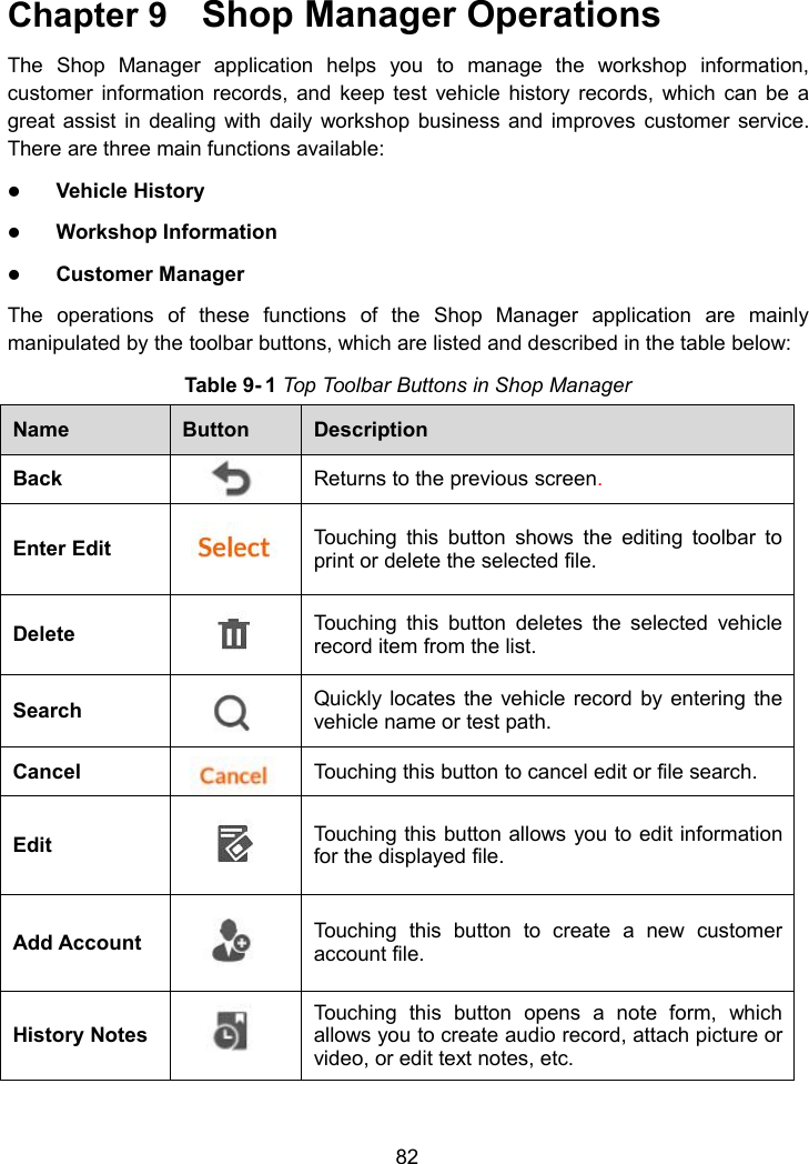 82Chapter 9 Shop Manager OperationsThe Shop Manager application helps you to manage the workshop information,customer information records, and keep test vehicle history records, which can be agreat assist in dealing with daily workshop business and improves customer service.There are three main functions available:Vehicle HistoryWorkshop InformationCustomer ManagerThe operations of these functions of the Shop Manager application are mainlymanipulated by the toolbar buttons, which are listed and described in the table below:Table 9- 1 Top Toolbar Buttons in Shop ManagerNameButtonDescriptionBackReturns to the previous screen.Enter EditTouching this button shows the editing toolbar toprint or delete the selected file.DeleteTouching this button deletes the selected vehiclerecord item from the list.SearchQuickly locates the vehicle record by entering thevehicle name or test path.CancelTouching this button to cancel edit or file search.EditTouching this button allows you to edit informationfor the displayed file.Add AccountTouching this button to create a new customeraccount file.History NotesTouching this button opens a note form, whichallows you to create audio record, attach picture orvideo, or edit text notes, etc.