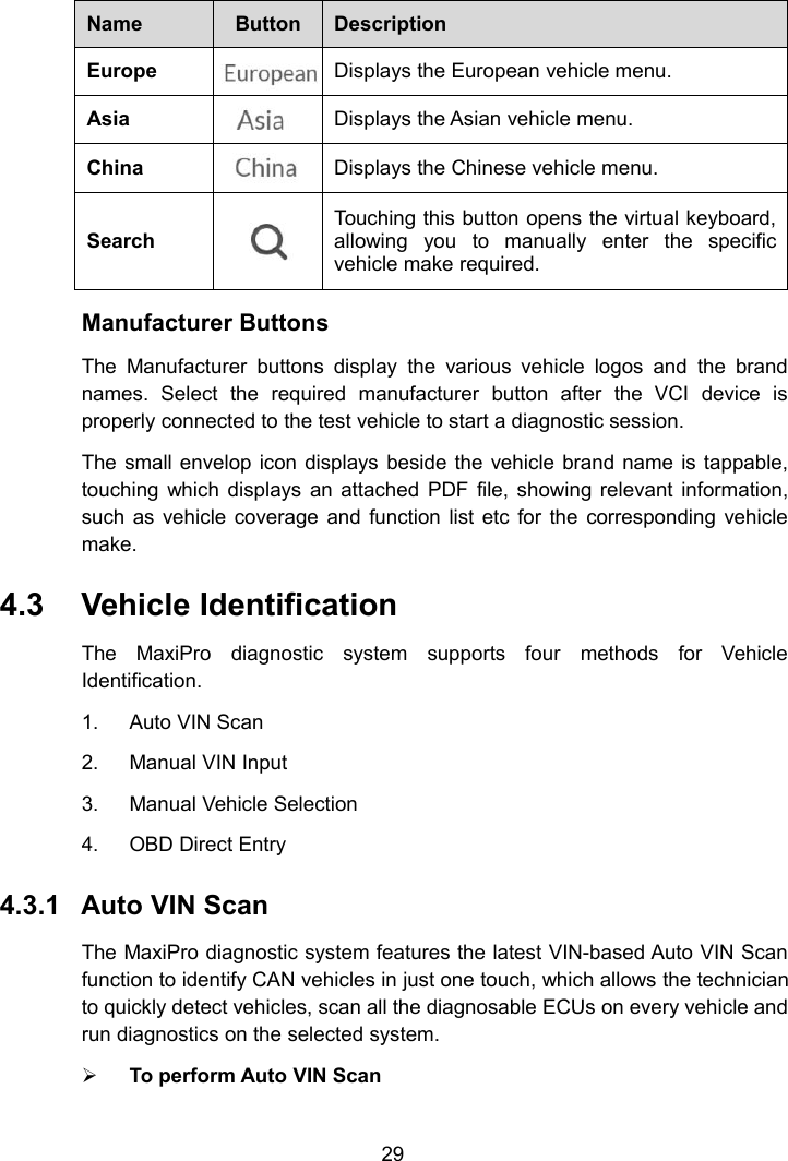 29NameButtonDescriptionEuropeDisplays the European vehicle menu.AsiaDisplays the Asian vehicle menu.ChinaDisplays the Chinese vehicle menu.SearchTouching this button opens the virtual keyboard,allowing you to manually enter the specificvehicle make required.Manufacturer ButtonsThe Manufacturer buttons display the various vehicle logos and the brandnames. Select the required manufacturer button after the VCI device isproperly connected to the test vehicle to start a diagnostic session.The small envelop icon displays beside the vehicle brand name is tappable,touching which displays an attached PDF file, showing relevant information,such as vehicle coverage and function list etc for the corresponding vehiclemake.4.3 Vehicle IdentificationThe MaxiPro diagnostic system supports four methods for VehicleIdentification.1. Auto VIN Scan2. Manual VIN Input3. Manual Vehicle Selection4. OBD Direct Entry4.3.1 Auto VIN ScanThe MaxiPro diagnostic system features the latest VIN-based Auto VIN Scanfunction to identify CAN vehicles in just one touch, which allows the technicianto quickly detect vehicles, scan all the diagnosable ECUs on every vehicle andrun diagnostics on the selected system.To perform Auto VIN Scan