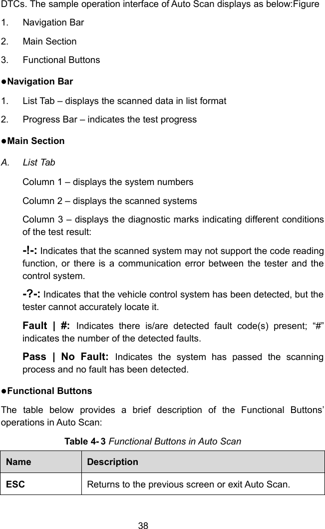 38DTCs. The sample operation interface of Auto Scan displays as below:Figure1. Navigation Bar2. Main Section3. Functional ButtonsNavigation Bar1. List Tab – displays the scanned data in list format2. Progress Bar – indicates the test progressMain SectionA. List TabColumn 1 – displays the system numbersColumn 2 – displays the scanned systemsColumn 3 – displays the diagnostic marks indicating different conditionsof the test result:-!-: Indicates that the scanned system may not support the code readingfunction, or there is a communication error between the tester and thecontrol system.-?-: Indicates that the vehicle control system has been detected, but thetester cannot accurately locate it.Fault | #: Indicates there is/are detected fault code(s) present; “#”indicates the number of the detected faults.Pass | No Fault: Indicates the system has passed the scanningprocess and no fault has been detected.Functional ButtonsThe table below provides a brief description of the Functional Buttons’operations in Auto Scan:Table 4- 3 Functional Buttons in Auto ScanNameDescriptionESCReturns to the previous screen or exit Auto Scan.