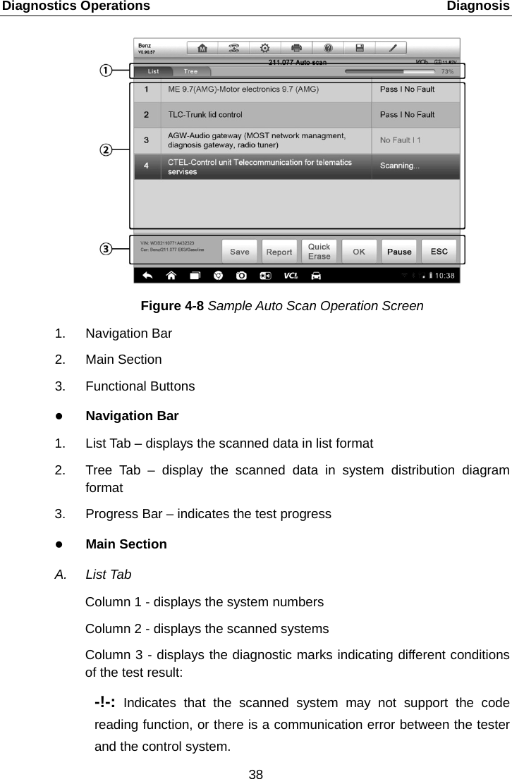 Diagnostics Operations    Diagnosis Figure 4-8 Sample Auto Scan Operation Screen 1. Navigation Bar 2. Main Section 3. Functional Buttons  Navigation Bar 1. List Tab – displays the scanned data in list format 2. Tree Tab –  display the scanned data in system distribution diagram format 3. Progress Bar – indicates the test progress  Main Section A.  List Tab Column 1 - displays the system numbers Column 2 - displays the scanned systems Column 3 - displays the diagnostic marks indicating different conditions of the test result: -!-: Indicates that the scanned system may not support the code reading function, or there is a communication error between the tester and the control system. 38  