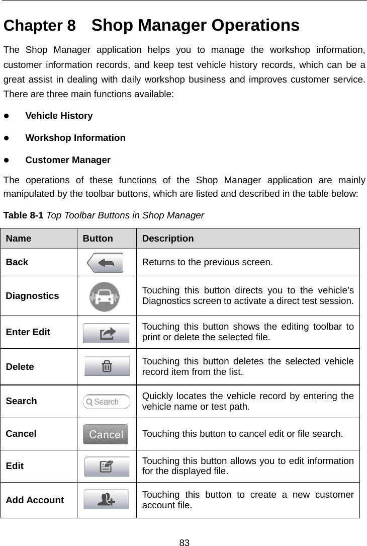   Chapter 8   Shop Manager Operations The Shop Manager application helps you to manage the workshop information, customer information records, and keep test vehicle history records, which can be a great assist in dealing with daily workshop business and improves customer service. There are three main functions available:  Vehicle History  Workshop Information  Customer Manager The operations of these  functions  of the Shop Manager application are mainly manipulated by the toolbar buttons, which are listed and described in the table below: Table 8-1 Top Toolbar Buttons in Shop Manager Name  Button  Description Back  Returns to the previous screen.   Diagnostics  Touching this button directs you to the vehicle’s Diagnostics screen to activate a direct test session. Enter Edit  Touching this button shows the editing toolbar to print or delete the selected file. Delete  Touching this button deletes the selected vehicle record item from the list. Search  Quickly locates the vehicle record by entering the vehicle name or test path. Cancel  Touching this button to cancel edit or file search. Edit  Touching this button allows you to edit information for the displayed file. Add Account  Touching this button to create a new customer account file. 83  