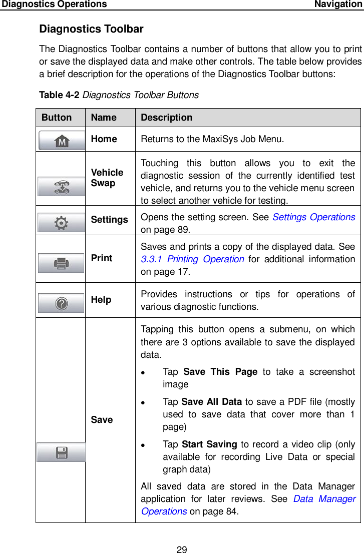 Diagnostics Operations     Navigation 29  Diagnostics Toolbar The Diagnostics Toolbar contains a number of buttons that allow you to print or save the displayed data and make other controls. The table below provides a brief description for the operations of the Diagnostics Toolbar buttons: Table 4-2 Diagnostics Toolbar Buttons Button Name Description  Home Returns to the MaxiSys Job Menu.  Vehicle Swap Touching  this  button  allows  you  to  exit  the diagnostic  session  of  the  currently  identified  test vehicle, and returns you to the vehicle menu screen to select another vehicle for testing.  Settings Opens the setting screen. See Settings Operations on page 89.  Print Saves and prints a copy of the displayed data. See 3.3.1  Printing  Operation  for  additional  information on page 17.  Help Provides  instructions  or  tips  for  operations  of various diagnostic functions.  Save Tapping  this  button  opens  a  submenu,  on  which there are 3 options available to save the displayed data.  Tap  Save  This  Page to  take  a  screenshot image  Tap Save All Data to save a PDF file (mostly used  to  save  data  that  cover  more  than  1 page)  Tap Start Saving to record a video clip (only available  for  recording  Live  Data  or  special graph data) All  saved  data  are  stored  in  the  Data  Manager application  for  later  reviews.  See  Data  Manager Operations on page 84. 