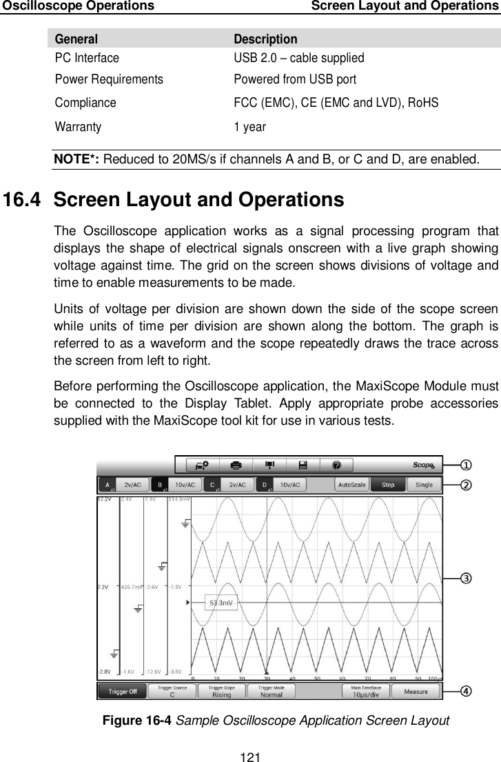 Oscilloscope Operations     Screen Layout and Operations 121  General Description PC Interface USB 2.0 – cable supplied Power Requirements Powered from USB port Compliance FCC (EMC), CE (EMC and LVD), RoHS Warranty 1 year NOTE*: Reduced to 20MS/s if channels A and B, or C and D, are enabled. 16.4  Screen Layout and Operations The  Oscilloscope  application  works  as  a  signal  processing  program  that displays the shape of  electrical signals onscreen with a live graph showing voltage against time. The grid on the screen shows divisions of voltage and time to enable measurements to be made.   Units of voltage  per  division are shown down the  side of the scope screen while  units  of  time  per  division  are  shown  along the  bottom.  The  graph  is referred to as a waveform and the scope repeatedly draws the trace across the screen from left to right.   Before performing the Oscilloscope application, the MaxiScope Module must be  connected  to  the  Display  Tablet.  Apply  appropriate  probe  accessories supplied with the MaxiScope tool kit for use in various tests. Figure 16-4 Sample Oscilloscope Application Screen Layout