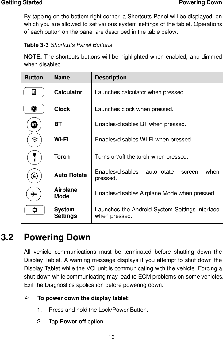 Getting Started    Powering Down 16  By tapping on the bottom right corner, a Shortcuts Panel will be displayed, on which you are allowed to set various system settings of the tablet. Operations of each button on the panel are described in the table below: Table 3-3 Shortcuts Panel Buttons NOTE: The shortcuts buttons will be highlighted when enabled, and dimmed when disabled.   Button Name Description  Calculator Launches calculator when pressed.  Clock Launches clock when pressed.  BT Enables/disables BT when pressed.  Wi-Fi Enables/disables Wi-Fi when pressed.  Torch Turns on/off the torch when pressed.  Auto Rotate Enables/disables  auto-rotate  screen  when pressed.  Airplane Mode Enables/disables Airplane Mode when pressed.  System Settings Launches the Android System Settings interface when pressed. 3.2  Powering Down All  vehicle  communications  must  be  terminated  before  shutting  down  the Display Tablet. A warning message displays if you attempt to shut down the Display Tablet while the VCI unit is communicating with the vehicle. Forcing a shut-down while communicating may lead to ECM problems on some vehicles. Exit the Diagnostics application before powering down.  To power down the display tablet: 1.  Press and hold the Lock/Power Button. 2.  Tap Power off option. 