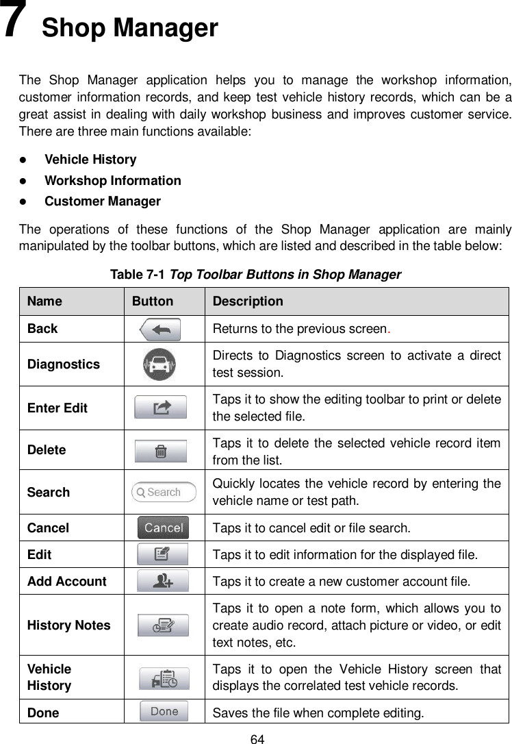  64 7   Shop Manager The  Shop  Manager  application  helps  you  to  manage  the  workshop  information, customer information records, and keep  test vehicle history records, which can be a great assist in dealing with daily workshop business and improves customer service. There are three main functions available:  Vehicle History  Workshop Information  Customer Manager The  operations  of  these  functions  of  the  Shop  Manager  application  are  mainly manipulated by the toolbar buttons, which are listed and described in the table below: Table 7-1 Top Toolbar Buttons in Shop Manager Name Button Description Back  Returns to the previous screen.   Diagnostics  Directs  to  Diagnostics  screen  to  activate  a  direct test session. Enter Edit  Taps it to show the editing toolbar to print or delete the selected file. Delete  Taps it to delete  the selected vehicle record item from the list. Search  Quickly locates the vehicle record by entering the vehicle name or test path. Cancel  Taps it to cancel edit or file search. Edit  Taps it to edit information for the displayed file. Add Account  Taps it to create a new customer account file. History Notes  Taps it to open  a note form, which allows you to create audio record, attach picture or video, or edit text notes, etc. Vehicle History  Taps  it  to  open  the  Vehicle  History  screen  that displays the correlated test vehicle records. Done  Saves the file when complete editing.  