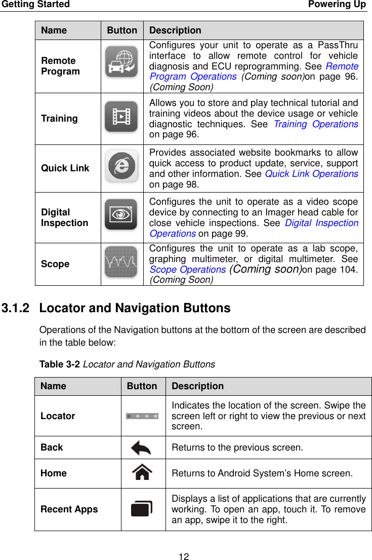 Getting Started    Powering Up 12  Name Button Description Remote Program  Configures  your  unit  to  operate  as  a  PassThru interface  to  allow  remote  control  for  vehicle diagnosis and ECU reprogramming. See Remote Program  Operations (Coming soon)on  page  96. (Coming Soon) Training  Allows you to store and play technical tutorial and training videos about the device usage or vehicle diagnostic  techniques.  See  Training  Operations on page 96. Quick Link  Provides associated website bookmarks to allow quick access to product update, service, support and other information. See Quick Link Operations on page 98. Digital Inspection  Configures the unit to  operate as a video scope device by connecting to an Imager head cable for close  vehicle inspections.  See  Digital Inspection Operations on page 99. Scope  Configures  the  unit  to  operate  as  a  lab  scope, graphing  multimeter,  or  digital  multimeter.  See Scope Operations (Coming soon)on page 104. (Coming Soon) 3.1.2  Locator and Navigation Buttons Operations of the Navigation buttons at the bottom of the screen are described in the table below: Table 3-2 Locator and Navigation Buttons Name Button Description Locator  Indicates the location of the screen. Swipe the screen left or right to view the previous or next screen. Back  Returns to the previous screen.  Home  Returns to Android System’s Home screen. Recent Apps  Displays a list of applications that are currently working. To open an app, touch it. To remove an app, swipe it to the right. 