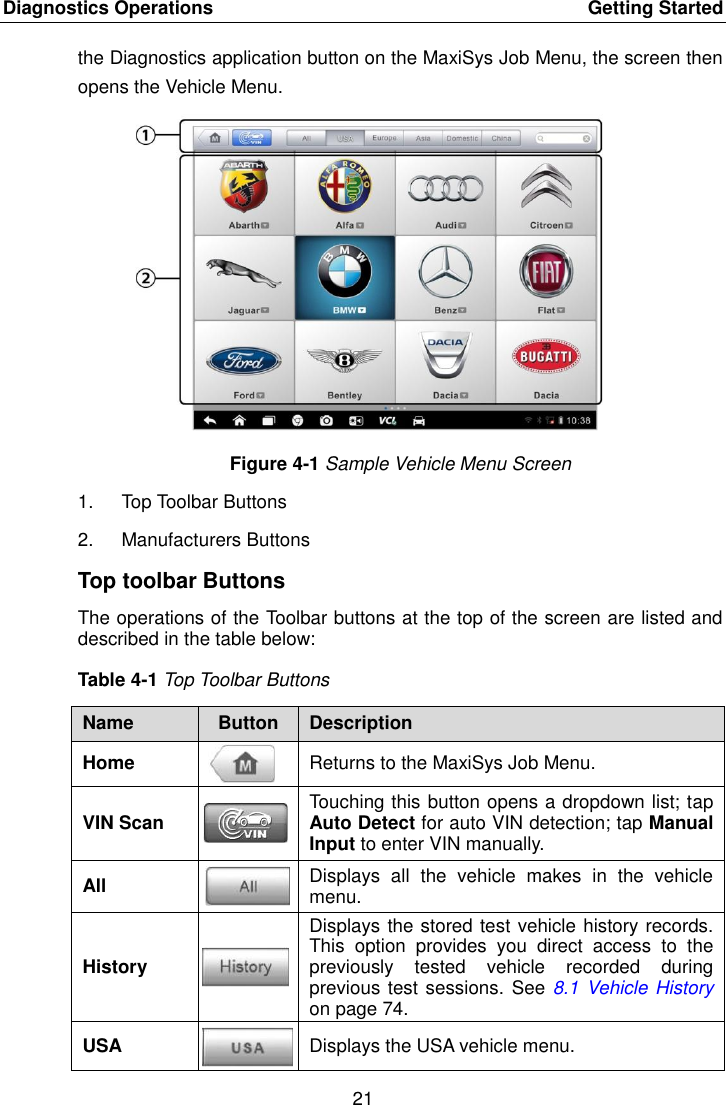 Diagnostics Operations    Getting Started 21  the Diagnostics application button on the MaxiSys Job Menu, the screen then opens the Vehicle Menu. Figure 4-1 Sample Vehicle Menu Screen 1.  Top Toolbar Buttons 2.  Manufacturers Buttons Top toolbar Buttons The operations of the Toolbar buttons at the top of the screen are listed and described in the table below: Table 4-1 Top Toolbar Buttons Name Button Description Home  Returns to the MaxiSys Job Menu. VIN Scan  Touching this button opens a dropdown list; tap Auto Detect for auto VIN detection; tap Manual Input to enter VIN manually. All  Displays  all  the  vehicle  makes  in  the  vehicle menu. History  Displays the stored test vehicle history records. This  option  provides  you  direct  access  to  the previously  tested  vehicle  recorded  during previous test sessions. See 8.1 Vehicle History on page 74. USA  Displays the USA vehicle menu. 