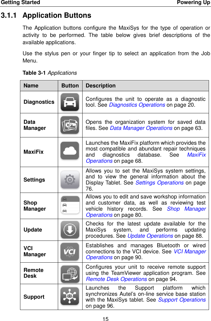 Getting Started    Powering Up 15  3.1.1  Application Buttons The  Application  buttons  configure  the  MaxiSys  for  the  type  of  operation  or activity  to  be  performed.  The  table  below  gives  brief  descriptions  of  the available applications. Use  the  stylus  pen  or  your  finger  tip  to  select  an  application  from  the  Job Menu. Table 3-1 Applications Name Button Description Diagnostics  Configures  the  unit  to  operate  as  a  diagnostic tool. See Diagnostics Operations on page 20. Data Manager  Opens  the  organization  system  for  saved  data files. See Data Manager Operations on page 63. MaxiFix  Launches the MaxiFix platform which provides the most compatible and abundant repair techniques and  diagnostics  database.  See  MaxiFix Operations on page 68. Settings  Allows  you  to  set  the  MaxiSys  system  settings, and  to  view  the  general  information  about  the Display Tablet. See Settings Operations on page 76. Shop Manager  Allows you to edit and save workshop information and  customer  data,  as  well  as  reviewing  test vehicle  history  records.  See  Shop  Manager Operations on page 80. Update  Checks  for  the  latest  update  available  for  the MaxiSys  system,  and  performs  updating procedures. See Update Operations on page 88. VCI Manager  Establishes  and  manages  Bluetooth  or  wired connections to the VCI device. See VCI Manager Operations on page 90. Remote Desk  Configures  your  unit  to  receive  remote  support using  the  TeamViewer  application program.  See Remote Desk Operations on page 94. Support  Launches  the  Support  platform  which synchronizes Autel’s on-line service base station with the MaxiSys tablet. See Support Operations on page 96. 