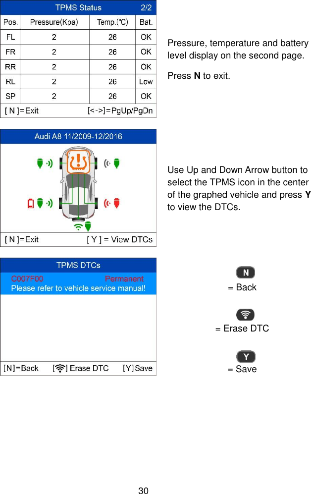  30   Pressure, temperature and battery level display on the second page. Press N to exit.  Use Up and Down Arrow button to select the TPMS icon in the center of the graphed vehicle and press Y to view the DTCs.   = Back  = Erase DTC  = Save 