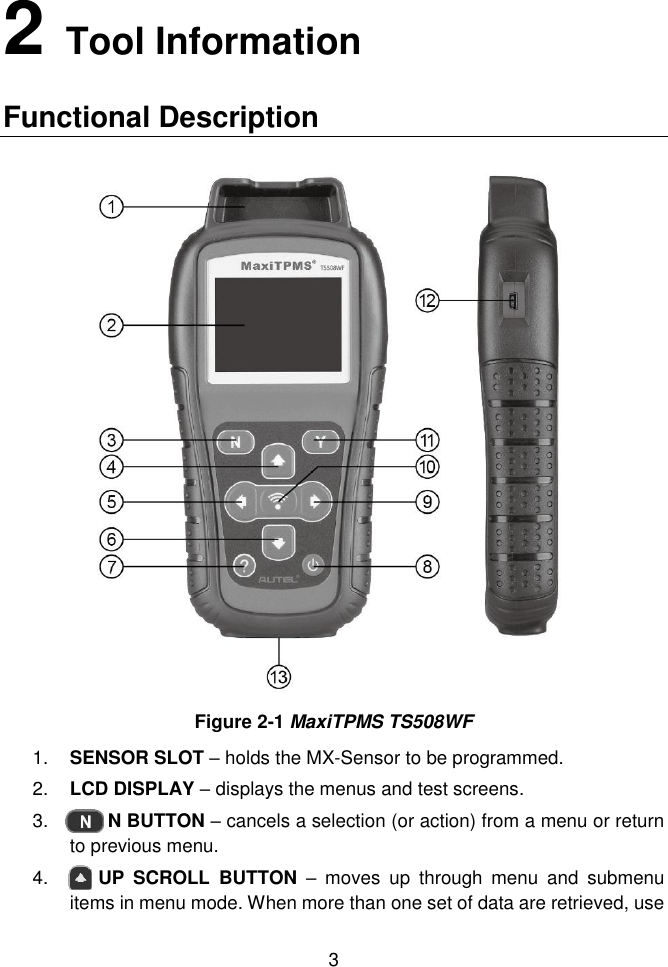  3  2   Tool Information Functional Description  Figure 2-1 MaxiTPMS TS508WF 1. SENSOR SLOT – holds the MX-Sensor to be programmed. 2. LCD DISPLAY – displays the menus and test screens.   3.     N BUTTON – cancels a selection (or action) from a menu or return to previous menu. 4.    UP  SCROLL  BUTTON  –  moves  up  through  menu  and  submenu items in menu mode. When more than one set of data are retrieved, use 
