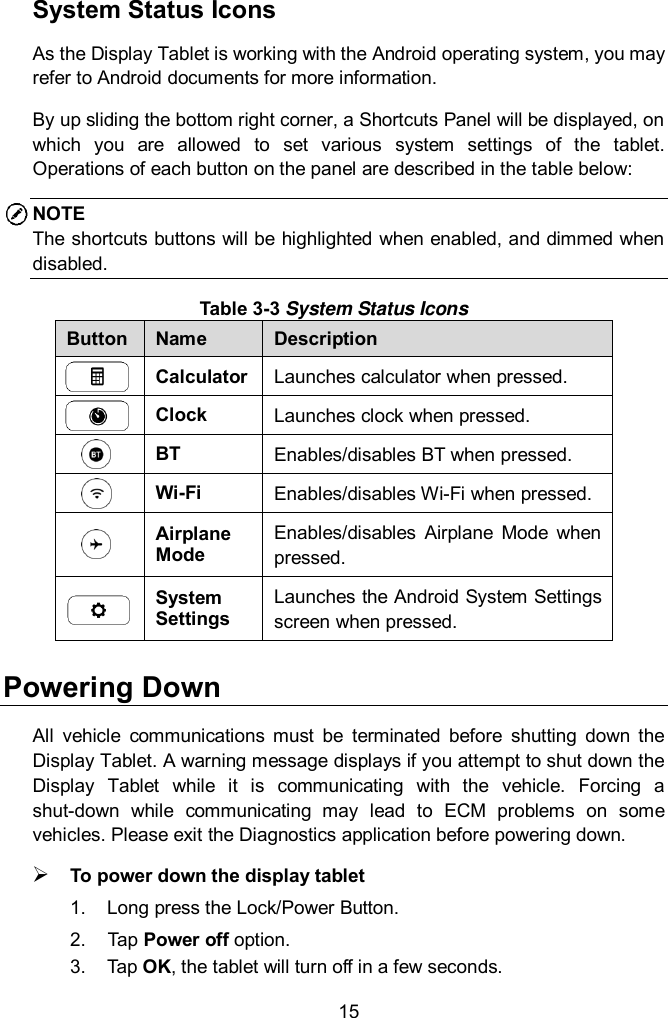  15 System Status Icons As the Display Tablet is working with the Android operating system, you may refer to Android documents for more information. By up sliding the bottom right corner, a Shortcuts Panel will be displayed, on which  you  are  allowed  to  set  various  system  settings  of  the  tablet. Operations of each button on the panel are described in the table below: NOTE The shortcuts buttons will be highlighted when enabled, and dimmed when disabled. Table 3-3 System Status Icons Button Name Description  Calculator Launches calculator when pressed.  Clock Launches clock when pressed.  BT Enables/disables BT when pressed.  Wi-Fi Enables/disables Wi-Fi when pressed.  Airplane Mode Enables/disables  Airplane  Mode  when pressed.  System Settings Launches the Android System Settings screen when pressed. Powering Down All  vehicle  communications  must  be  terminated  before  shutting  down  the Display Tablet. A warning message displays if you attempt to shut down the Display  Tablet  while  it  is  communicating  with  the  vehicle.  Forcing  a shut-down  while  communicating  may  lead  to  ECM  problems  on  some vehicles. Please exit the Diagnostics application before powering down.  To power down the display tablet 1.  Long press the Lock/Power Button. 2.  Tap Power off option.   3.  Tap OK, the tablet will turn off in a few seconds. 