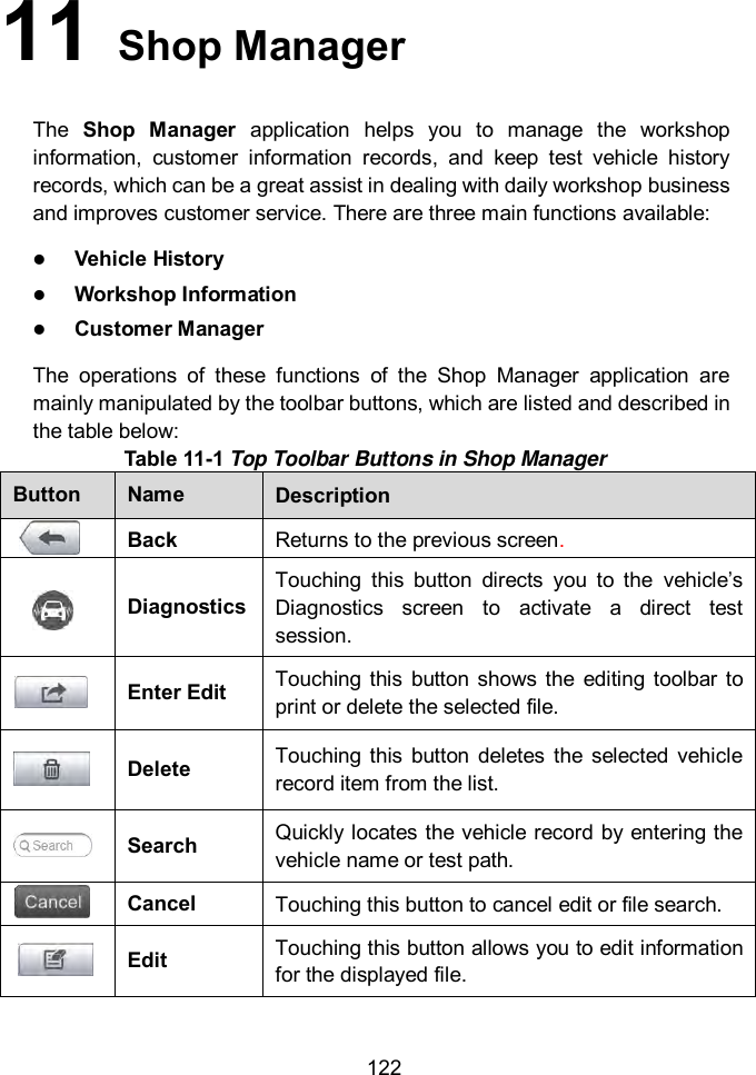  122 11   Shop Manager The  Shop  Manager  application  helps  you  to  manage  the  workshop information,  customer  information  records,  and  keep  test  vehicle  history records, which can be a great assist in dealing with daily workshop business and improves customer service. There are three main functions available:  Vehicle History  Workshop Information  Customer Manager The  operations  of  these  functions  of  the  Shop  Manager  application  are mainly manipulated by the toolbar buttons, which are listed and described in the table below: Table 11-1 Top Toolbar Buttons in Shop Manager Button Name Description  Back Returns to the previous screen.  Diagnostics Touching  this  button  directs  you  to  the  vehicle’s Diagnostics  screen  to  activate  a  direct  test session.  Enter Edit Touching  this  button  shows the  editing  toolbar  to print or delete the selected file.  Delete Touching  this  button  deletes  the  selected  vehicle record item from the list.  Search Quickly locates the vehicle record by entering the vehicle name or test path.  Cancel Touching this button to cancel edit or file search.  Edit Touching this button allows you to edit information for the displayed file. 