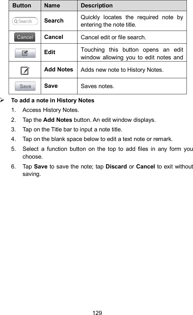  129 Button Name Description  Search Quickly  locates  the  required  note  by entering the note title.  Cancel Cancel edit or file search.  Edit Touching  this  button  opens  an  edit window  allowing  you  to  edit  notes  and attach files.  Add Notes Adds new note to History Notes.  Save Saves notes.  To add a note in History Notes 1.  Access History Notes. 2.  Tap the Add Notes button. An edit window displays. 3.  Tap on the Title bar to input a note title. 4.  Tap on the blank space below to edit a text note or remark. 5.  Select  a  function  button  on  the  top  to  add  files  in  any  form  you choose. 6.  Tap  Save to save the note; tap Discard or Cancel to exit without saving.         