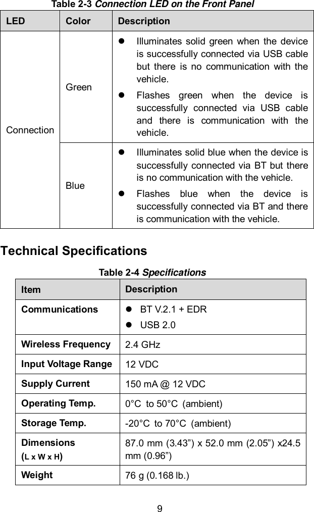  9 Table 2-3 Connection LED on the Front Panel LED Color Description Connection Green   Illuminates  solid  green  when  the  device is successfully connected via USB cable but  there  is  no  communication  with  the vehicle.   Flashes  green  when  the  device  is successfully  connected  via  USB  cable and  there  is  communication  with  the vehicle. Blue   Illuminates solid blue when the device is successfully  connected via BT  but  there is no communication with the vehicle.   Flashes  blue  when  the  device  is successfully connected via BT and there is communication with the vehicle. Technical Specifications Table 2-4 Specifications Item Description Communications  BT V.2.1 + EDR   USB 2.0 Wireless Frequency 2.4 GHz Input Voltage Range 12 VDC Supply Current 150 mA @ 12 VDC Operating Temp. 0°C to 50°C (ambient) Storage Temp. -20°C to 70°C (ambient) Dimensions (L x W x H) 87.0 mm (3.43”) x 52.0 mm (2.05”) x24.5 mm (0.96”) Weight 76 g (0.168 lb.) 