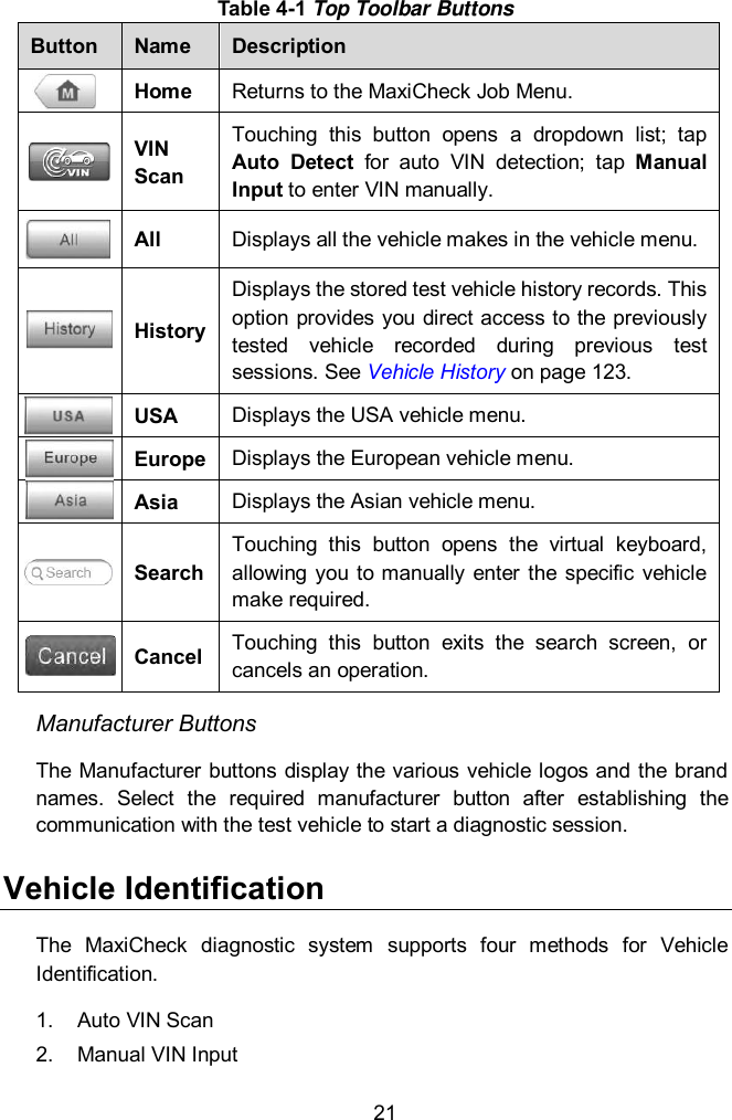  21 Table 4-1 Top Toolbar Buttons Button Name Description  Home Returns to the MaxiCheck Job Menu.  VIN Scan Touching  this  button  opens  a  dropdown  list;  tap Auto  Detect  for  auto  VIN  detection;  tap  Manual Input to enter VIN manually.  All Displays all the vehicle makes in the vehicle menu.  History Displays the stored test vehicle history records. This option provides you direct access to the previously tested  vehicle  recorded  during  previous  test sessions. See Vehicle History on page 123.  USA Displays the USA vehicle menu.  Europe Displays the European vehicle menu.  Asia Displays the Asian vehicle menu.  Search Touching  this  button  opens  the  virtual  keyboard, allowing  you  to manually  enter the  specific vehicle make required.  Cancel Touching  this  button  exits  the  search  screen,  or cancels an operation. Manufacturer Buttons The Manufacturer buttons display the various vehicle logos and the brand names.  Select  the  required  manufacturer  button  after  establishing  the communication with the test vehicle to start a diagnostic session. Vehicle Identification The  MaxiCheck  diagnostic  system  supports  four  methods  for  Vehicle Identification. 1.  Auto VIN Scan 2.  Manual VIN Input 
