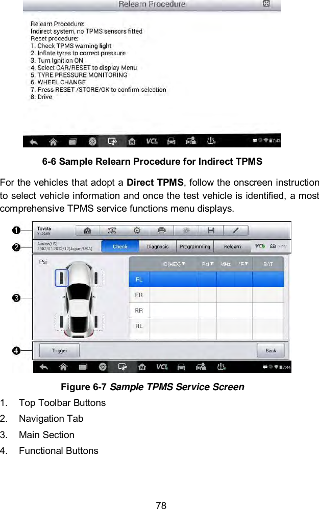  78  6-6 Sample Relearn Procedure for Indirect TPMS For the vehicles that adopt a Direct TPMS, follow the onscreen instruction to select vehicle information and once the test vehicle is identified, a most comprehensive TPMS service functions menu displays.  Figure 6-7 Sample TPMS Service Screen 1.  Top Toolbar Buttons   2.  Navigation Tab   3.  Main Section   4.  Functional Buttons   