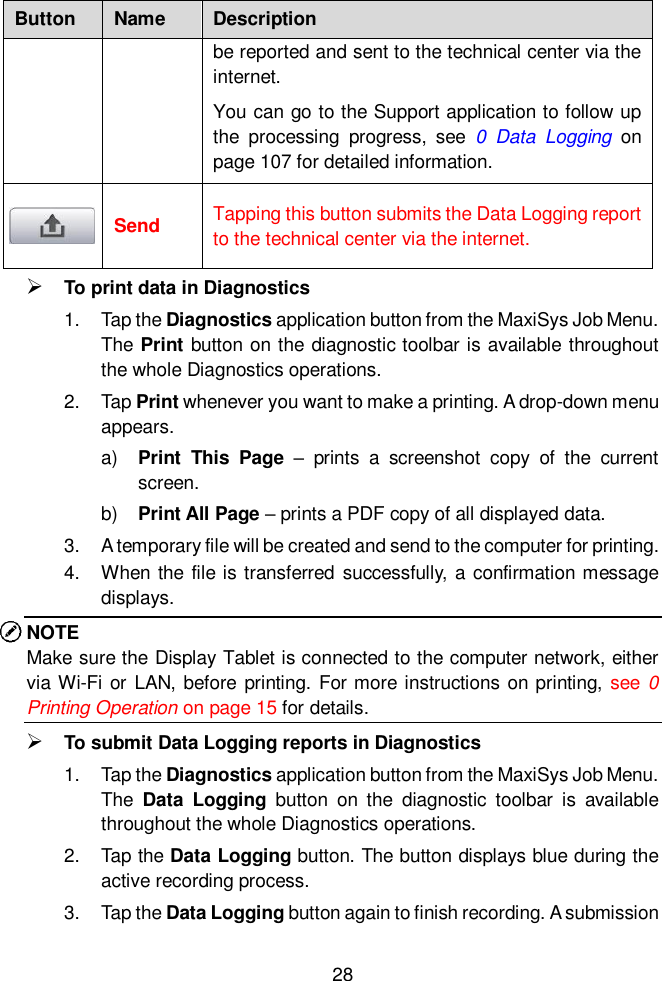 28  Button Name Description be reported and sent to the technical center via the internet. You can go to the Support application to follow up the  processing  progress,  see  0  Data  Logging on page 107 for detailed information.   Send Tapping this button submits the Data Logging report to the technical center via the internet.  To print data in Diagnostics 1.  Tap the Diagnostics application button from the MaxiSys Job Menu. The Print button on the diagnostic toolbar is available throughout the whole Diagnostics operations. 2.  Tap Print whenever you want to make a printing. A drop-down menu appears. a) Print  This  Page  &ndash;  prints  a  screenshot  copy  of  the  current screen. b) Print All Page &ndash; prints a PDF copy of all displayed data. 3. A temporary file will be created and send to the computer for printing. 4.  When the  file is transferred  successfully, a confirmation message displays. NOTE Make sure the Display Tablet is connected to the computer network, either via Wi-Fi or LAN, before  printing. For more instructions on printing, see 0 Printing Operation on page 15 for details.  To submit Data Logging reports in Diagnostics 1.  Tap the Diagnostics application button from the MaxiSys Job Menu. The  Data  Logging  button  on  the  diagnostic  toolbar  is  available throughout the whole Diagnostics operations. 2.  Tap the Data Logging button. The button displays blue during the active recording process. 3.  Tap the Data Logging button again to finish recording. A submission 