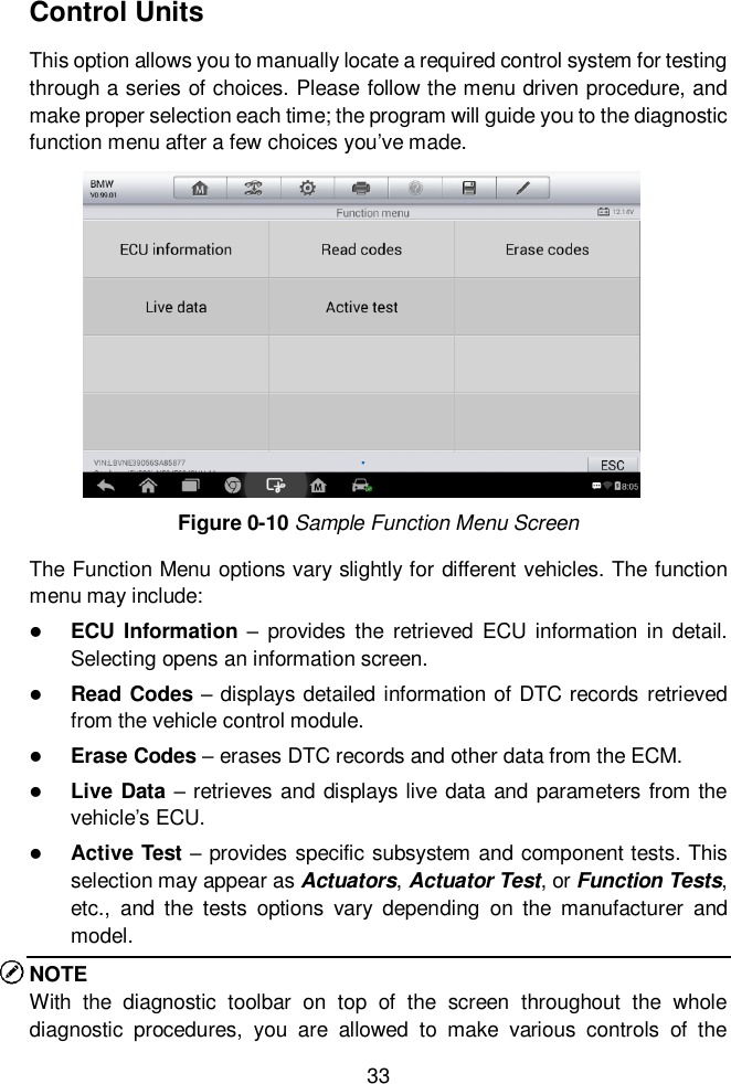  33  Control Units This option allows you to manually locate a required control system for testing through a series of choices. Please follow the menu driven procedure, and make proper selection each time; the program will guide you to the diagnostic function menu after a few choices you&rsquo;ve made. Figure 0-10 Sample Function Menu Screen The Function Menu options vary slightly for different vehicles. The function menu may include:  ECU  Information &ndash;  provides the  retrieved  ECU  information in  detail. Selecting opens an information screen.  Read Codes &ndash; displays detailed information of DTC records retrieved from the vehicle control module.  Erase Codes &ndash; erases DTC records and other data from the ECM.  Live Data &ndash; retrieves and displays live data and parameters from the vehicle&rsquo;s ECU.  Active Test &ndash; provides specific subsystem and component tests. This selection may appear as Actuators, Actuator Test, or Function Tests, etc.,  and  the  tests  options  vary  depending  on  the  manufacturer  and model. NOTE With  the  diagnostic  toolbar  on  top  of  the  screen  throughout  the  whole diagnostic  procedures,  you  are  allowed  to  make  various  controls  of  the 