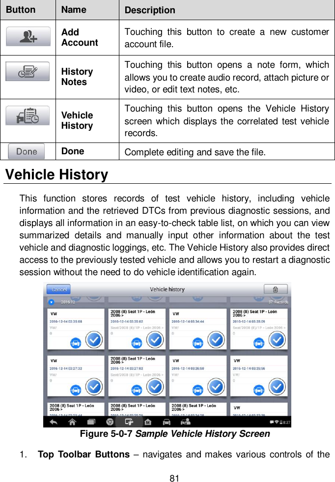  81  Button Name Description  Add Account Touching  this  button  to  create  a  new  customer account file.  History Notes Touching  this  button  opens  a  note  form,  which allows you to create audio record, attach picture or video, or edit text notes, etc.  Vehicle History Touching  this  button  opens  the  Vehicle  History screen  which displays the correlated test vehicle records.  Done Complete editing and save the file. Vehicle History This  function  stores  records  of  test  vehicle  history,  including  vehicle information and the retrieved DTCs from previous diagnostic sessions, and displays all information in an easy-to-check table list, on which you can view summarized  details  and  manually  input  other  information  about  the  test vehicle and diagnostic loggings, etc. The Vehicle History also provides direct access to the previously tested vehicle and allows you to restart a diagnostic session without the need to do vehicle identification again. Figure 5-0-7 Sample Vehicle History Screen 1. Top Toolbar Buttons &ndash; navigates and makes various controls of the 