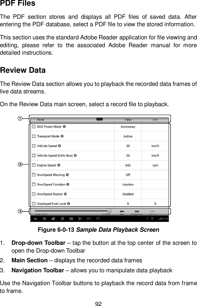  92  PDF Files The  PDF  section  stores  and  displays  all  PDF  files  of  saved  data.  After entering the PDF database, select a PDF file to view the stored information. This section uses the standard Adobe Reader application for file viewing and editing,  please  refer  to  the  associated  Adobe  Reader  manual  for  more detailed instructions. Review Data The Review Data section allows you to playback the recorded data frames of live data streams. On the Review Data main screen, select a record file to playback. Figure 6-0-13 Sample Data Playback Screen 1. Drop-down Toolbar &ndash; tap the button at the top center of the screen to open the Drop-down Toolbar 2. Main Section &ndash; displays the recorded data frames 3. Navigation Toolbar &ndash; allows you to manipulate data playback Use the Navigation Toolbar buttons to playback the record data from frame to frame. 