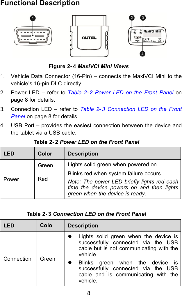 8Functional Description1. Vehicle Data Connector (16-Pin) &ndash; connects the MaxiVCI Mini to thevehicle&rsquo;s 16-pin DLC directly.2. Power LED &ndash; refer to Table 2- 2 Power LED on the Front Panel onpage 8 for details.3. Connection LED &ndash; refer to Table 2- 3 Connection LED on the FrontPanel on page 8 for details.4. USB Port &ndash; provides the easiest connection between the device andthe tablet via a USB cable.Table 2- 2 Power LED on the Front PanelLEDColorDescriptionPowerGreenLights solid green when powered on.RedBlinks red when system failure occurs.Note: The power LED briefly lights red eachtime the device powers on and then lightsgreen when the device is ready.Table 2- 3 Connection LED on the Front PanelLEDColorDescriptionConnectionGreenLights solid green when the device issuccessfully connected via the USBcable but is not communicating with thevehicle.Blinks green when the device issuccessfully connected via the USBcable and is communicating with thevehicle.Figure 2- 4 MaxiVCI Mini Views