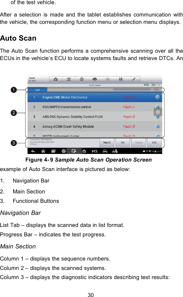 30of the test vehicle.After a selection is made and the tablet establishes communication withthe vehicle, the corresponding function menu or selection menu displays.Auto ScanThe Auto Scan function performs a comprehensive scanning over all theECUs in the vehicle&rsquo;s ECU to locate systems faults and retrieve DTCs. Anexample of Auto Scan interface is pictured as below:1. Navigation Bar2. Main Section3. Functional ButtonsNavigation BarList Tab &ndash; displays the scanned data in list format.Progress Bar &ndash; indicates the test progress.Main SectionColumn 1 &ndash; displays the sequence numbers.Column 2 &ndash; displays the scanned systems.Column 3 &ndash; displays the diagnostic indicators describing test results:Figure 4- 9 Sample Auto Scan Operation Screen