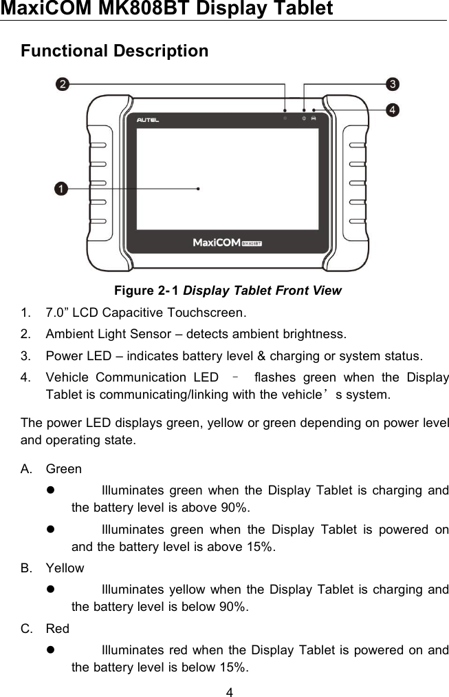 4MaxiCOM MK808BT Display TabletFunctional Description1. 7.0&rdquo; LCD Capacitive Touchscreen.2. Ambient Light Sensor &ndash; detects ambient brightness.3. Power LED &ndash; indicates battery level &amp; charging or system status.4. Vehicle Communication LED &ndash;flashes green when the DisplayTablet is communicating/linking with the vehicle&rsquo;s system.The power LED displays green, yellow or green depending on power leveland operating state.A. GreenIlluminates green when the Display Tablet is charging andthe battery level is above 90%.Illuminates green when the Display Tablet is powered onand the battery level is above 15%.B. YellowIlluminates yellow when the Display Tablet is charging andthe battery level is below 90%.C. RedIlluminates red when the Display Tablet is powered on andthe battery level is below 15%.Figure 2- 1 Display Tablet Front View