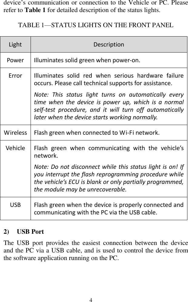  4 device&rsquo;s communication or connection to the Vehicle or PC. Please refer to Table 1 for detailed description of the status lights. TABLE 1&mdash;STATUS LIGHTS ON THE FRONT PANEL Light Description Power Illuminates solid green when power-on. Error Illuminates  solid  red  when  serious  hardware  failure occurs. Please call technical supports for assistance. Note:  This  status  light  turns  on  automatically  every time  when  the  device  is  power  up,  which  is  a  normal self-test  procedure,  and  it  will  turn  off  automatically later when the device starts working normally. Wireless Flash green when connected to Wi-Fi network. Vehicle Flash  green  when  communicating  with  the  vehicle&rsquo;s network. Note: Do not disconnect while this status light is on! If you interrupt the flash reprogramming procedure while the vehicle&rsquo;s ECU is blank or only partially programmed, the module may be unrecoverable.   USB Flash green when the device is properly connected and communicating with the PC via the USB cable. 2) USB Port   The  USB  port  provides  the  easiest  connection  between  the  device and the PC via a USB cable, and is used to control the device from the software application running on the PC.   