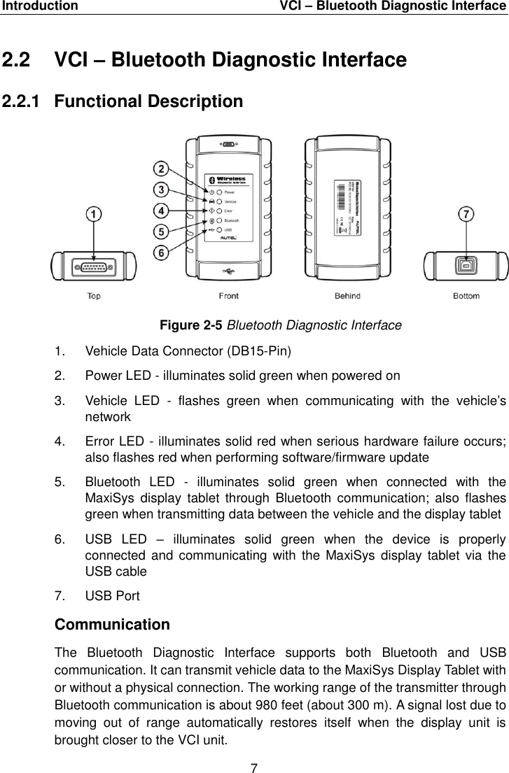 Introduction VCI &ndash; Bluetooth Diagnostic Interface 7 2.2  VCI &ndash; Bluetooth Diagnostic Interface 2.2.1  Functional Description Figure 2-5 Bluetooth Diagnostic Interface 1. Vehicle Data Connector (DB15-Pin)2. Power LED - illuminates solid green when powered on3. Vehicle  LED  -  flashes  green  when  communicating  with  the  vehicle&rsquo;snetwork4. Error LED - illuminates solid red when serious hardware failure occurs;also flashes red when performing software/firmware update5. Bluetooth  LED  -  illuminates  solid  green  when  connected  with  theMaxiSys  display  tablet  through  Bluetooth  communication;  also  flashesgreen when transmitting data between the vehicle and the display tablet6. USB  LED  &ndash;  illuminates  solid  green  when  the  device  is  properlyconnected  and communicating with  the MaxiSys  display tablet  via theUSB cable7. USB PortCommunication The  Bluetooth  Diagnostic  Interface  supports  both  Bluetooth  and  USB communication. It can transmit vehicle data to the MaxiSys Display Tablet with or without a physical connection. The working range of the transmitter through Bluetooth communication is about 980 feet (about 300 m). A signal lost due to moving  out  of  range  automatically  restores  itself  when  the  display  unit  is brought closer to the VCI unit. 