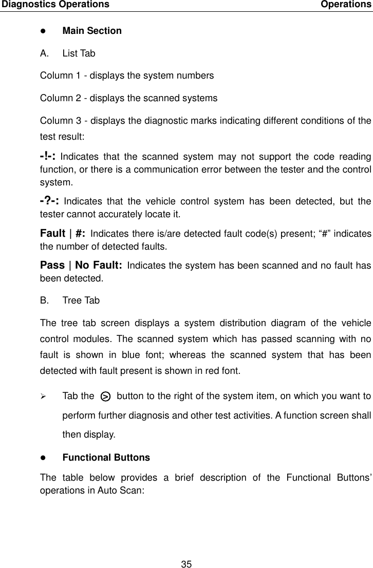 Diagnostics Operations    Operations 35   Main Section A.  List Tab Column 1 - displays the system numbers Column 2 - displays the scanned systems Column 3 - displays the diagnostic marks indicating different conditions of the test result: -!-: Indicates  that  the  scanned  system  may  not  support  the  code  reading function, or there is a communication error between the tester and the control system. -?-: Indicates  that  the  vehicle  control  system  has  been  detected,  but  the tester cannot accurately locate it. Fault | #: Indicates there is/are detected fault code(s) present; &ldquo;#&rdquo; indicates the number of detected faults. Pass | No Fault: Indicates the system has been scanned and no fault has been detected. B.  Tree Tab The  tree  tab  screen  displays  a  system  distribution  diagram  of  the  vehicle control  modules. The  scanned system  which  has passed  scanning with  no fault  is  shown  in  blue  font;  whereas  the  scanned  system  that  has  been detected with fault present is shown in red font.  Tab the  ○>   button to the right of the system item, on which you want to perform further diagnosis and other test activities. A function screen shall then display.  Functional Buttons The  table  below  provides  a  brief  description  of  the  Functional  Buttons&rsquo; operations in Auto Scan:   