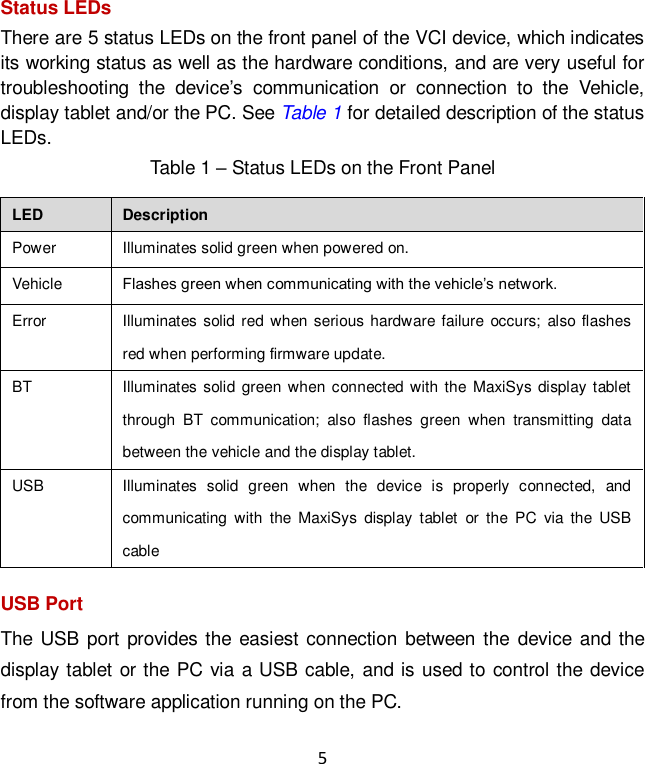 5 Status LEDs   There are 5 status LEDs on the front panel of the VCI device, which indicates its working status as well as the hardware conditions, and are very useful for troubleshooting  the  device&rsquo;s  communication  or  connection  to  the  Vehicle, display tablet and/or the PC. See Table 1 for detailed description of the status LEDs. Table 1 &ndash; Status LEDs on the Front Panel LED Description Power Illuminates solid green when powered on. Vehicle Flashes green when communicating with the vehicle&rsquo;s network. Error Illuminates  solid red when serious hardware  failure  occurs;  also flashes red when performing firmware update. BT Illuminates  solid green when  connected  with  the  MaxiSys display tablet through  BT  communication;  also  flashes  green  when  transmitting  data between the vehicle and the display tablet. USB Illuminates  solid  green  when  the  device  is  properly  connected,  and communicating  with  the  MaxiSys  display  tablet  or  the  PC  via  the  USB cable USB Port The USB port provides the easiest connection between the device and the display tablet or the PC via a USB cable, and is used to control the device from the software application running on the PC.   