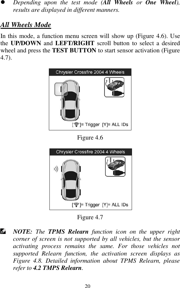  20  Depending  upon  the  test  mode  (All  Wheels  or  One  Wheel), results are displayed in different manners. All Wheels Mode In this mode, a function menu screen will show up (Figure 4.6). Use the UP/DOWN and LEFT/RIGHT scroll button  to  select a  desired wheel and press the TEST BUTTON to start sensor activation (Figure 4.7).        Figure 4.6      Figure 4.7  NOTE:  The  TPMS  Relearn  function  icon  on  the  upper  right corner of screen is not supported by all vehicles, but the sensor activating  process  remains  the  same.  For  those  vehicles  not supported  Relearn  function,  the  activation  screen  displays  as Figure  4.8.  Detailed  information  about  TPMS  Relearn,  please refer to 4.2 TMPS Relearn. 