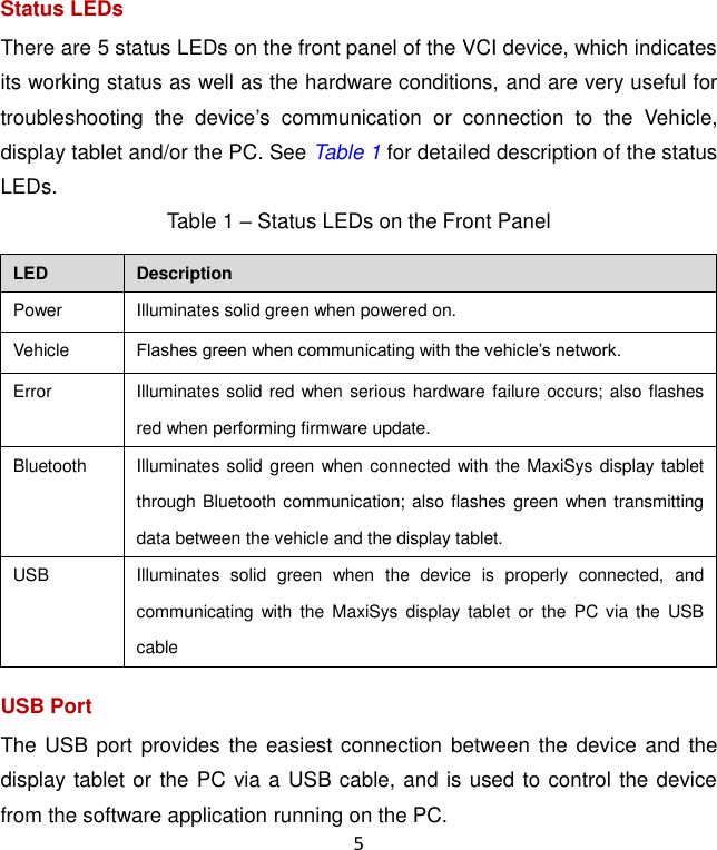 5 Status LEDs   There are 5 status LEDs on the front panel of the VCI device, which indicates its working status as well as the hardware conditions, and are very useful for troubleshooting  the  device&rsquo;s  communication  or  connection  to  the  Vehicle, display tablet and/or the PC. See Table 1 for detailed description of the status LEDs. Table 1 &ndash; Status LEDs on the Front Panel LED Description Power Illuminates solid green when powered on. Vehicle Flashes green when communicating with the vehicle&rsquo;s network. Error Illuminates solid red when serious hardware failure occurs; also flashes red when performing firmware update. Bluetooth Illuminates solid green when connected with the MaxiSys display tablet through Bluetooth communication; also flashes green when transmitting data between the vehicle and the display tablet. USB Illuminates  solid  green  when  the  device  is  properly  connected,  and communicating  with  the  MaxiSys  display  tablet or  the  PC  via  the  USB cable USB Port The USB port provides the easiest connection  between the device and the display tablet or the PC via a USB cable, and is used to control the device from the software application running on the PC.