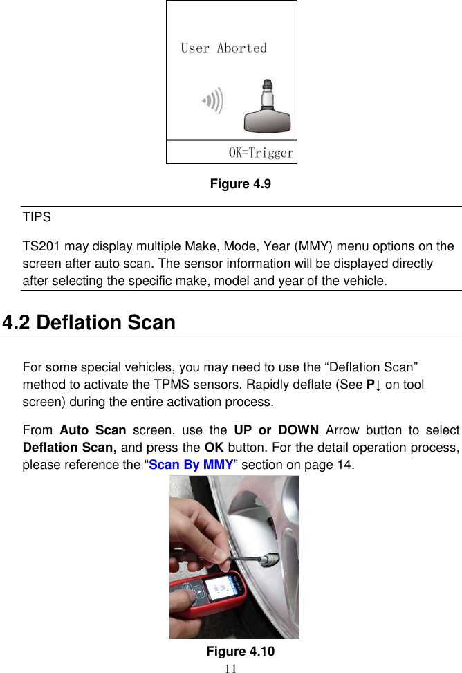 11   Figure 4.9 TIPS TS201 may display multiple Make, Mode, Year (MMY) menu options on the screen after auto scan. The sensor information will be displayed directly after selecting the specific make, model and year of the vehicle. 4.2 Deflation Scan For some special vehicles, you may need to use the &ldquo;Deflation Scan&rdquo; method to activate the TPMS sensors. Rapidly deflate (See P&darr; on tool screen) during the entire activation process.   From  Auto  Scan  screen,  use  the  UP  or  DOWN  Arrow  button  to  select Deflation Scan, and press the OK button. For the detail operation process, please reference the &ldquo;Scan By MMY&rdquo; section on page 14. Figure 4.10 