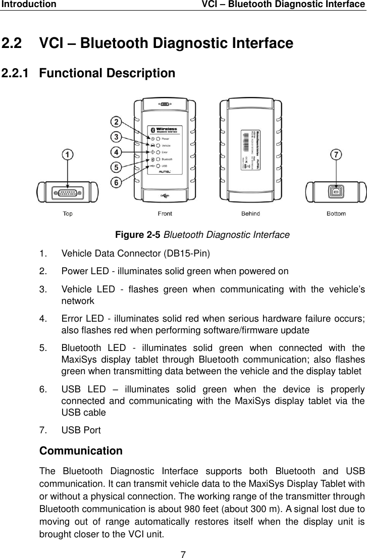 Introduction VCI &ndash; Bluetooth Diagnostic Interface 7 2.2  VCI &ndash; Bluetooth Diagnostic Interface 2.2.1  Functional Description Figure 2-5 Bluetooth Diagnostic Interface 1. Vehicle Data Connector (DB15-Pin)2. Power LED - illuminates solid green when powered on3. Vehicle  LED  -  flashes  green  when  communicating  with  the  vehicle&rsquo;snetwork4. Error LED - illuminates solid red when serious hardware failure occurs;also flashes red when performing software/firmware update5. Bluetooth  LED  -  illuminates  solid  green  when  connected  with  theMaxiSys  display  tablet  through  Bluetooth  communication;  also  flashesgreen when transmitting data between the vehicle and the display tablet6. USB  LED  &ndash;  illuminates  solid  green  when  the  device  is  properlyconnected  and communicating with  the MaxiSys display  tablet  via theUSB cable7. USB PortCommunication The  Bluetooth  Diagnostic  Interface  supports  both  Bluetooth  and  USB communication. It can transmit vehicle data to the MaxiSys Display Tablet with or without a physical connection. The working range of the transmitter through Bluetooth communication is about 980 feet (about 300 m). A signal lost due to moving  out  of  range  automatically  restores  itself  when  the  display  unit  is brought closer to the VCI unit. 