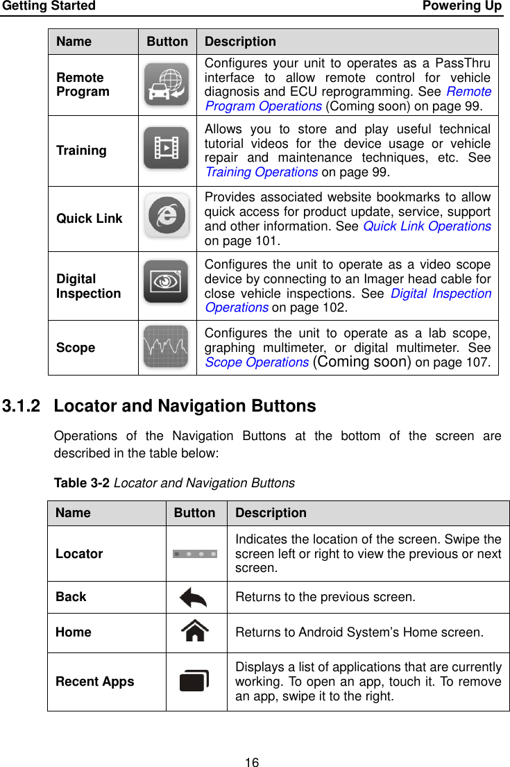 Getting Started    Powering Up 16  Name Button Description Remote Program  Configures  your  unit to  operates  as a PassThru interface  to  allow  remote  control  for  vehicle diagnosis and ECU reprogramming. See Remote Program Operations (Coming soon) on page 99. Training  Allows  you  to  store  and  play  useful  technical tutorial  videos  for  the  device  usage  or  vehicle repair  and  maintenance  techniques,  etc.  See Training Operations on page 99. Quick Link  Provides associated website bookmarks to allow quick access for product update, service, support and other information. See Quick Link Operations on page 101. Digital Inspection  Configures the unit to  operate as a video scope device by connecting to an Imager head cable for close  vehicle inspections.  See Digital  Inspection Operations on page 102. Scope  Configures  the  unit  to  operate  as  a  lab  scope, graphing  multimeter,  or  digital  multimeter.  See Scope Operations (Coming soon) on page 107. 3.1.2  Locator and Navigation Buttons Operations  of  the  Navigation  Buttons  at  the  bottom  of  the  screen  are described in the table below: Table 3-2 Locator and Navigation Buttons Name Button Description Locator  Indicates the location of the screen. Swipe the screen left or right to view the previous or next screen. Back  Returns to the previous screen.  Home  Returns to Android System&rsquo;s Home screen. Recent Apps  Displays a list of applications that are currently working. To open an app, touch it. To remove an app, swipe it to the right. 