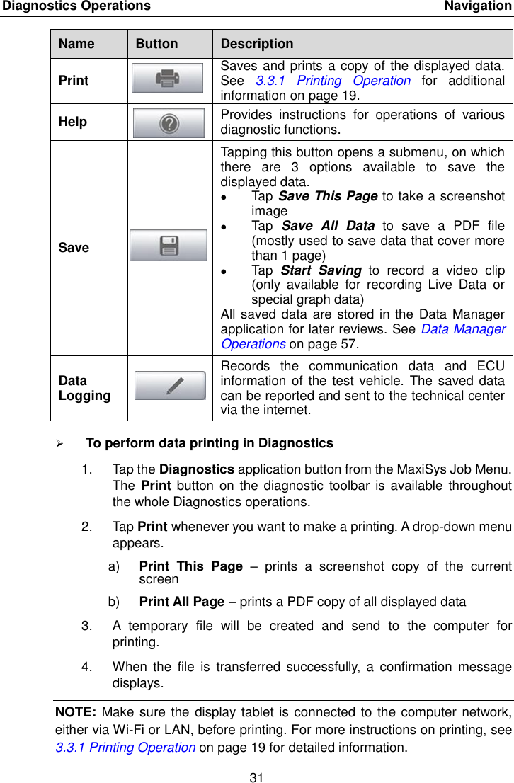 Diagnostics Operations    Navigation 31  Name Button Description Print  Saves and prints a copy of the displayed data. See  3.3.1  Printing  Operation  for  additional information on page 19. Help  Provides  instructions  for  operations  of  various diagnostic functions. Save  Tapping this button opens a submenu, on which there  are  3  options  available  to  save  the displayed data.  Tap Save This Page to take a screenshot image  Tap  Save  All  Data  to  save  a  PDF  file (mostly used to save data that cover more than 1 page)  Tap  Start  Saving  to  record  a  video  clip (only  available  for  recording  Live  Data  or special graph data) All saved data are stored in the Data Manager application for later reviews. See Data Manager Operations on page 57. Data Logging  Records  the  communication  data  and  ECU information of the test vehicle. The saved  data can be reported and sent to the technical center via the internet.  To perform data printing in Diagnostics 1.  Tap the Diagnostics application button from the MaxiSys Job Menu. The Print  button on  the diagnostic  toolbar  is available throughout the whole Diagnostics operations. 2.  Tap Print whenever you want to make a printing. A drop-down menu appears. a) Print  This  Page  &ndash;  prints  a  screenshot  copy  of  the  current screen b) Print All Page &ndash; prints a PDF copy of all displayed data 3. A  temporary  file  will  be  created  and  send  to  the  computer  for printing. 4.  When  the  file  is  transferred  successfully,  a  confirmation  message displays. NOTE: Make sure the display tablet is connected to the computer network, either via Wi-Fi or LAN, before printing. For more instructions on printing, see 3.3.1 Printing Operation on page 19 for detailed information. 